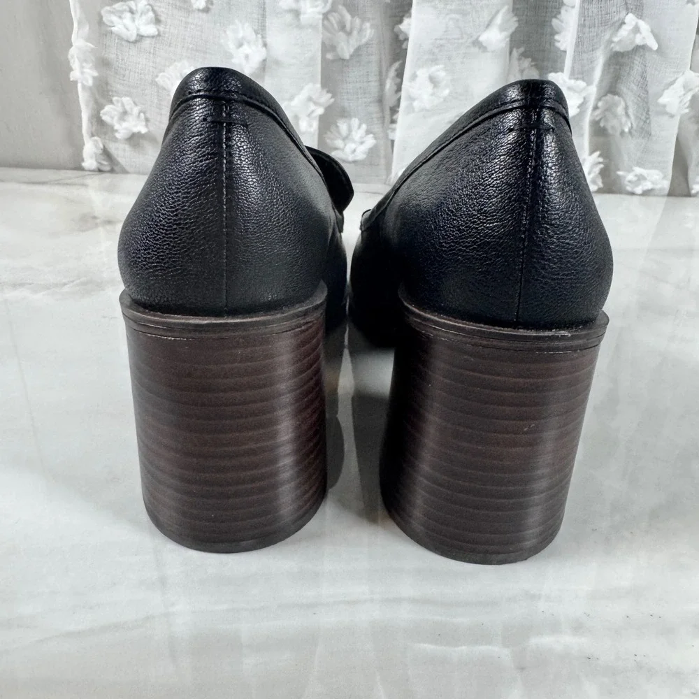 Crown Vintage Caitlun‎ Black Leather Slip On Loafers Pumps Chunky Heel Y2K 9M